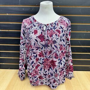 Lucky Brand Women's Blue Red Modal Floral Tie Sleeve Popover Blouse Size Large